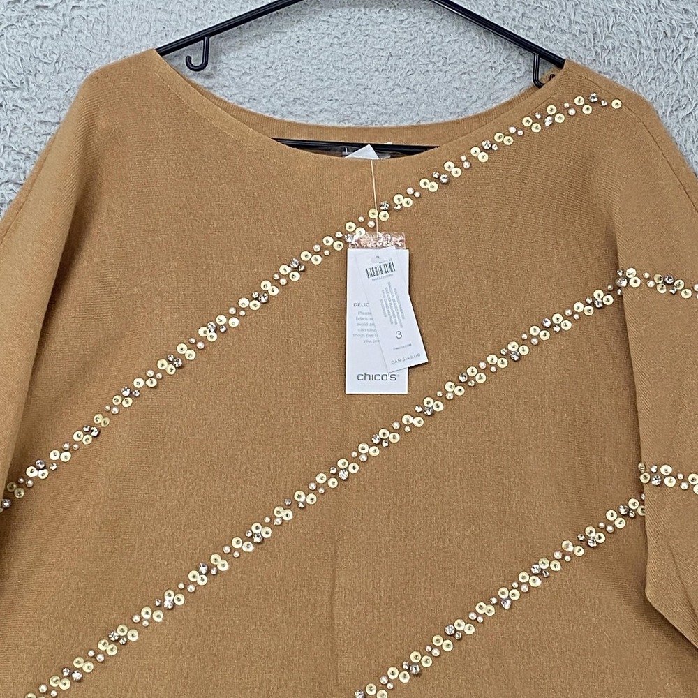 Chicos Sweater Womens 3 / XL Brown Diagonal Beaded‎ Neutral Knit Pullover Sequin - Picture 2 of 15